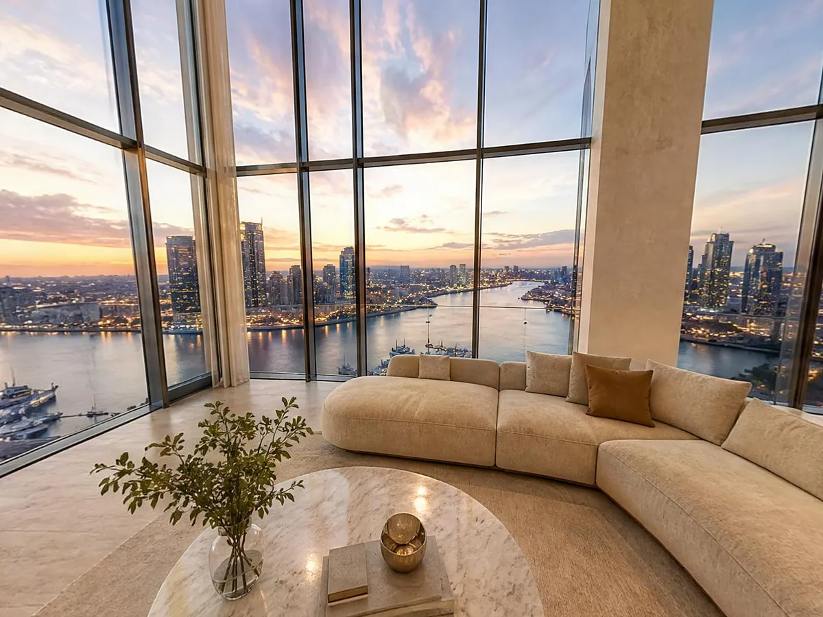 Penthouse living room with a sunset view over the marina