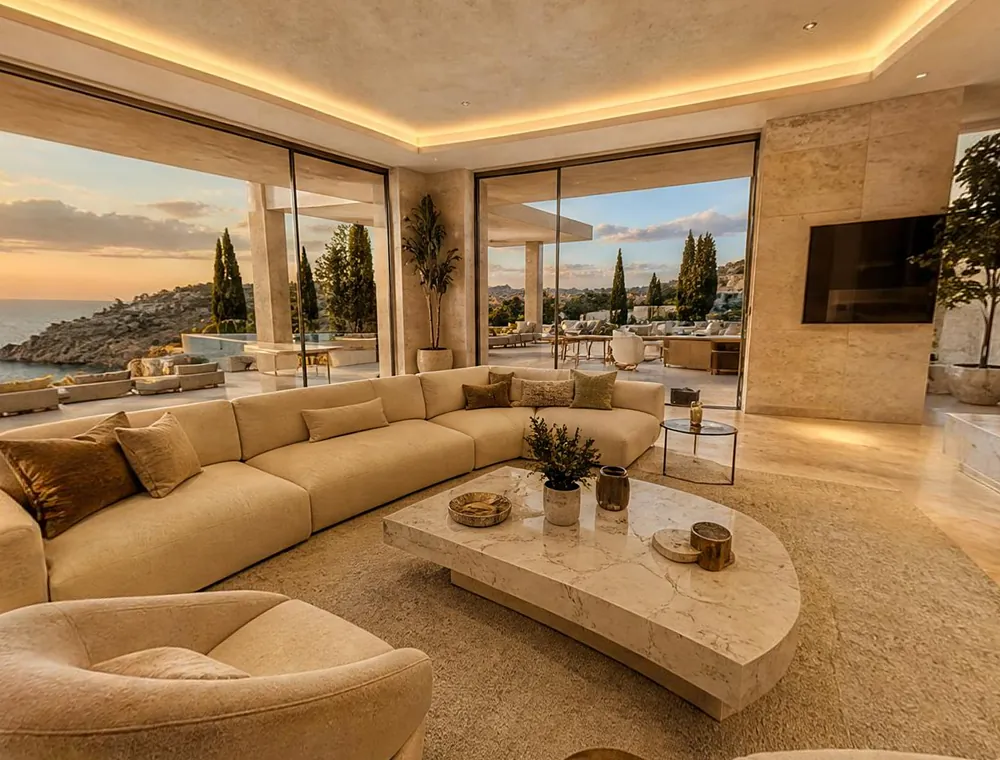 Furnished living room set with a sectional sofa and marble coffee table