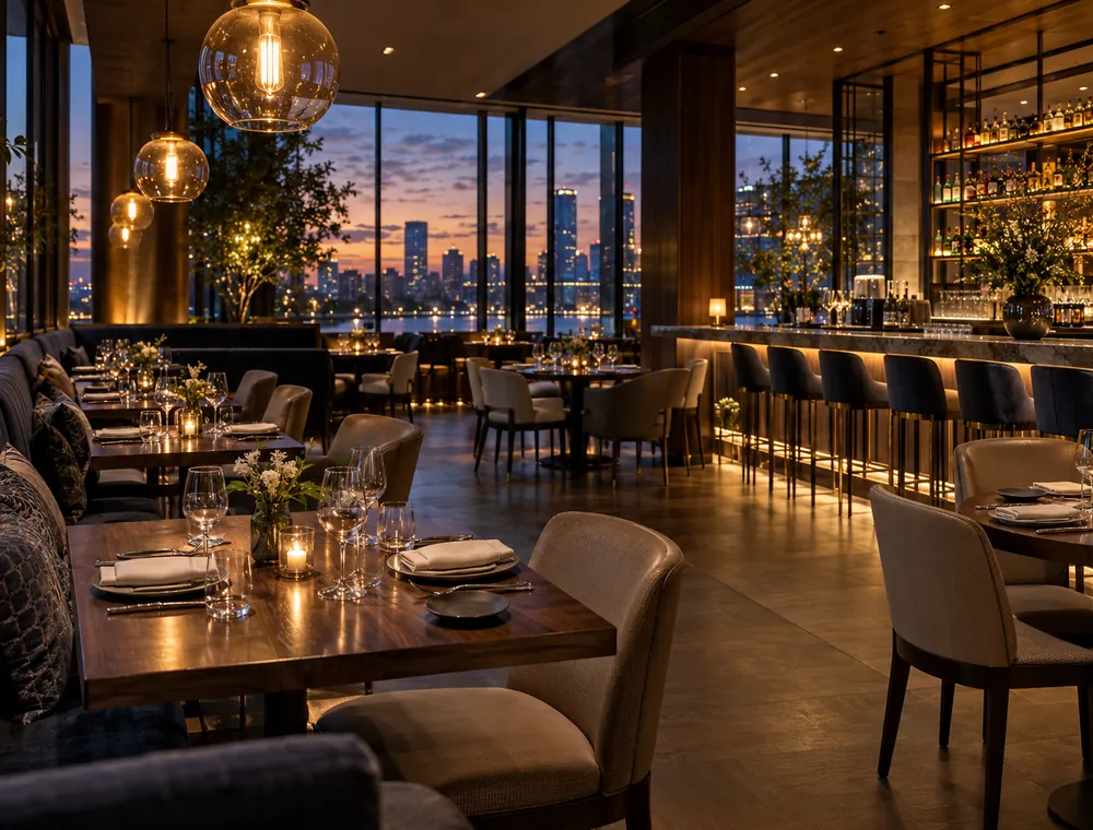 Restaurant dining room with a bar and city views at dusk