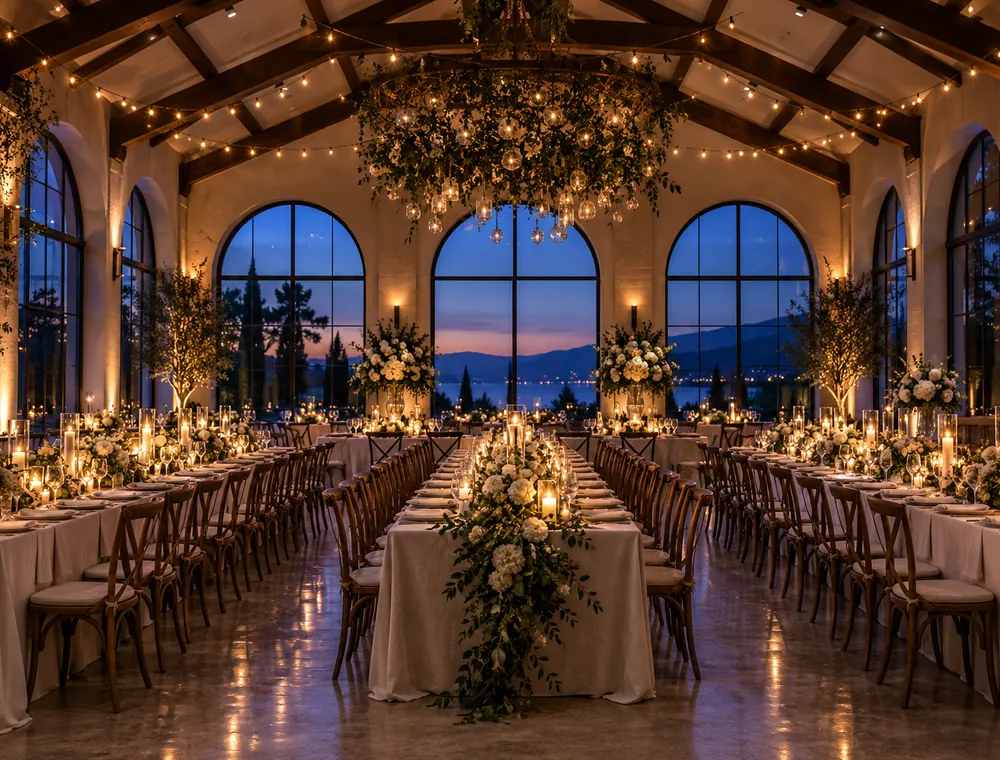 Candle-lit wedding reception hall with long tables under a vaulted wooden ceiling