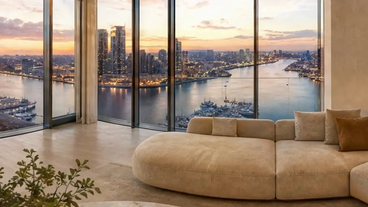 Penthouse living room with a sunset view over the marina